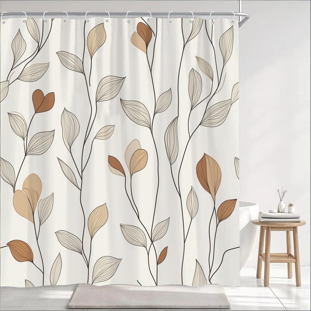 1Pc Simple Style Leaves Print Polyester Shower Curtain Bathroom Decoration Curtain,Hanging Curtain With Hooks Machine Washable