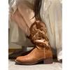 New Genuine Leather Western Cowboy Boots Embroidered Knight Boots Women's Square Toe Retro Thick Heel Midsole Boots Summer