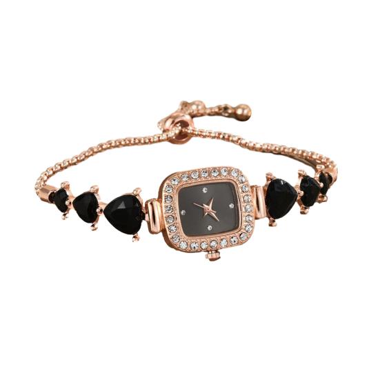 Women Rhinestone Bracelet Watch Small Square Dial Analog Quartz Wrist Watch Love Heart Chain Ladies Dress Watch with Adjustable