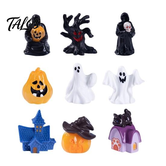Talos 3Pcs Halloween Mini Resin Figurines, Miniature Pumpkin Ghost Grim Reaper Castle Statue for Spooky Fairy Garden, Haunted House, Micro Landscape