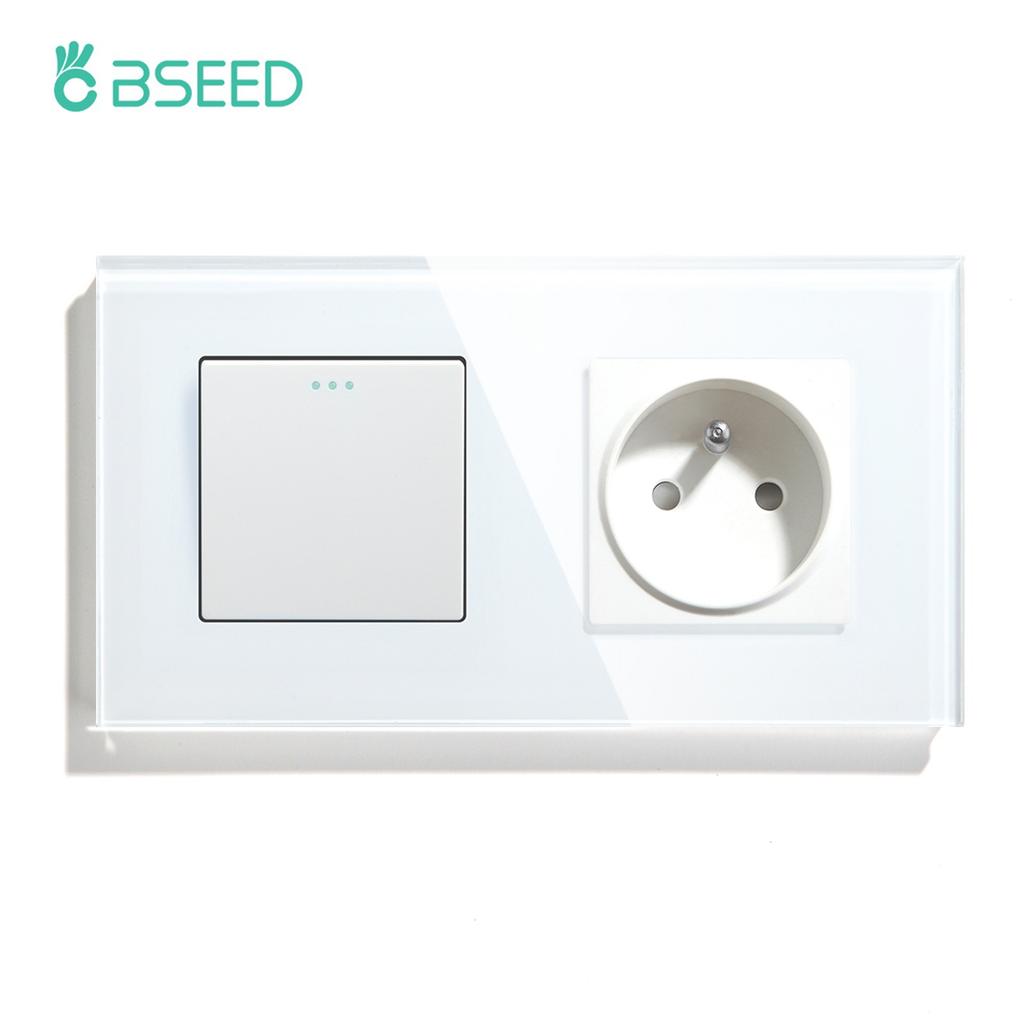 BSEED 1/2/3Gang Mechanical Wall Light Switch 1Way Plus French Socket USB Type-c Ports USB Power Sockets Glass Frame 16A
