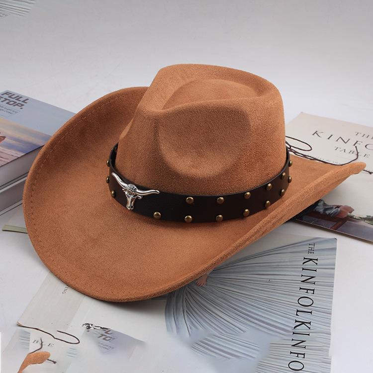 Western Cowboy Style Tibetan Bull Head Accessories Fashion Top Hat Autumn/Winter New Collection Deer Skin Velvet Large Edge Riding Hat