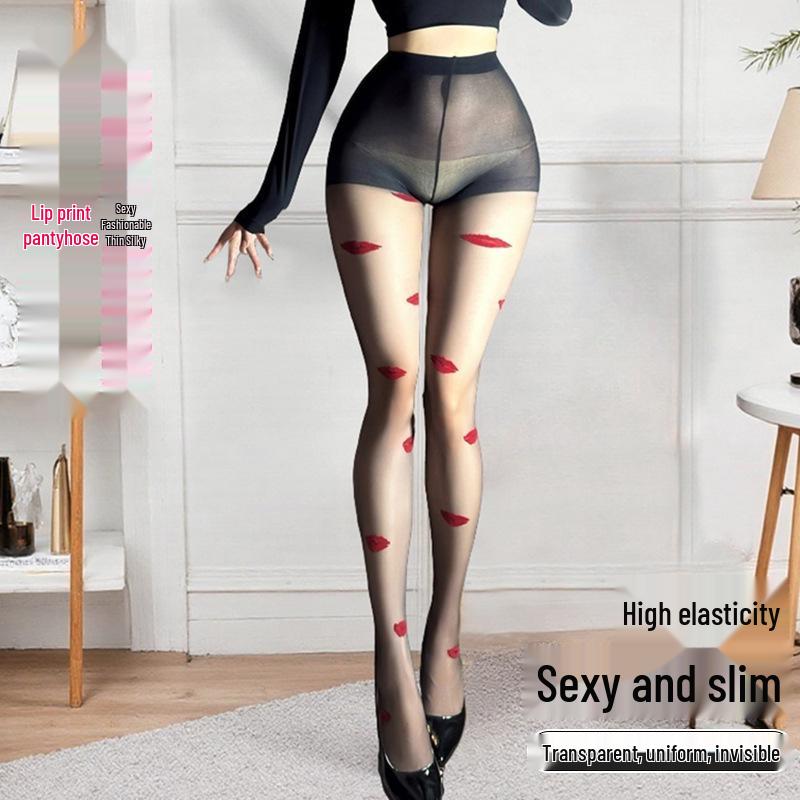 

Sexy Lip Print Transparent Anti-Snag Black Stockings for Women Skin Color