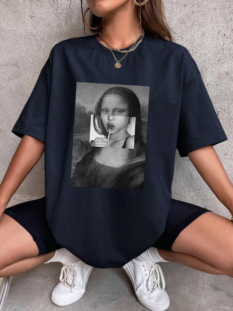 Mona Lisa Drinking Beverages Womens Tshirt Summer Breathable Casual T Shirt Loose Soft Tops Hip Hop Oversize Fashion Clothes