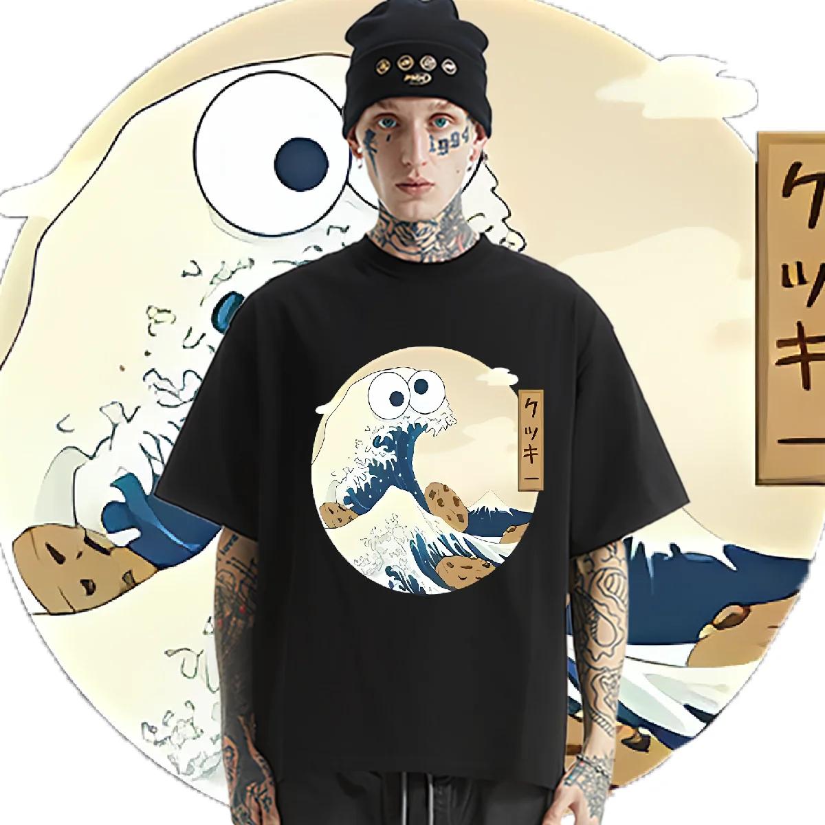 

Waves Round Neck Oversized Loose Tee Vintage Classic Men Tops Graphic Rapper T Shirt Fashion Street Clothes Comfy Stretchy Tees S бежевый