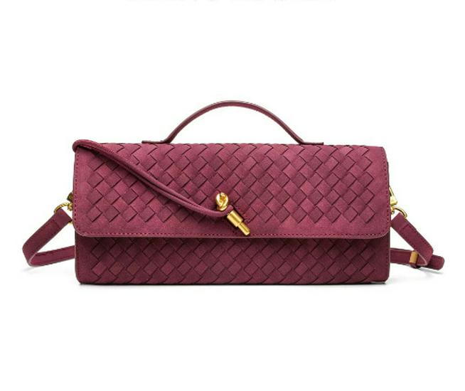 Handmade Woven Retro Soft Leather Accordion Baguette Bag - Solid Color Shoulder Handbag