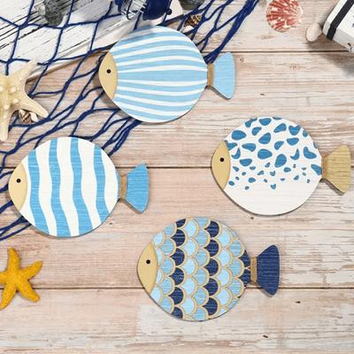 Yousheng 4Pcs/Set Wooden Fish Wall Decoration Farmhouse Rustic Nautical Fish Wall Art Sculpture Home Living Room Bathroom Wall Decorative Sign