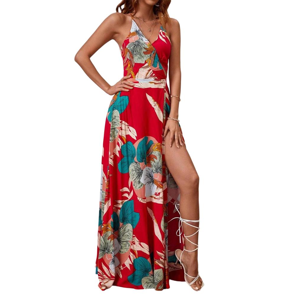 Damen Maxikleid mit V-Ausschnitt, ärmellos, floralem Print, verstellbaren Spaghettiträgern und hohem Schlitz am Saum für den Sommerstrand