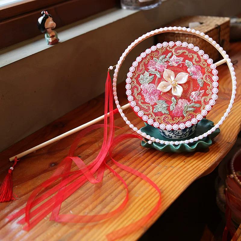 Double Petal Machine Embroidery Circular Fan Handicraft Photography Dance Court Retro Style Long Handle Bamboo Fan