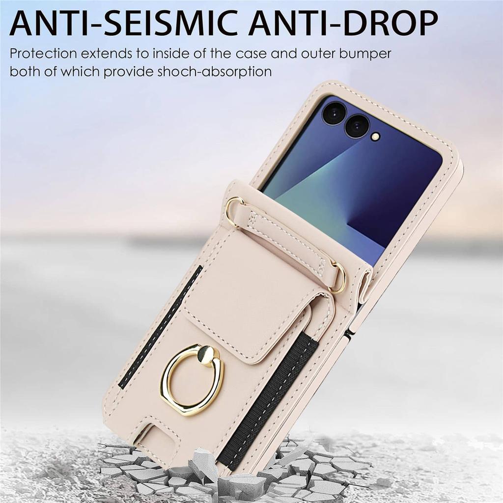 Crossbody Wallet Case for Samsung Galaxy Z Flip 7, with Finger Ring Holder, Wrist Strap, Multiple Card Slots, Stand Flip Cover