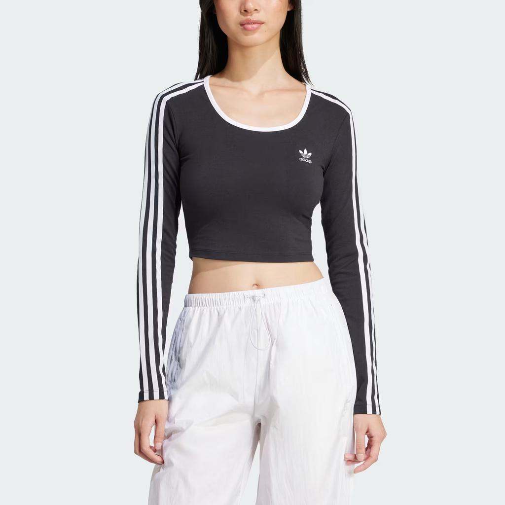 Adidas Originals 3 Streifen Crop Top Slim Fit Einfach Gestreift Langarm Damen Tops Schwarz JD4624