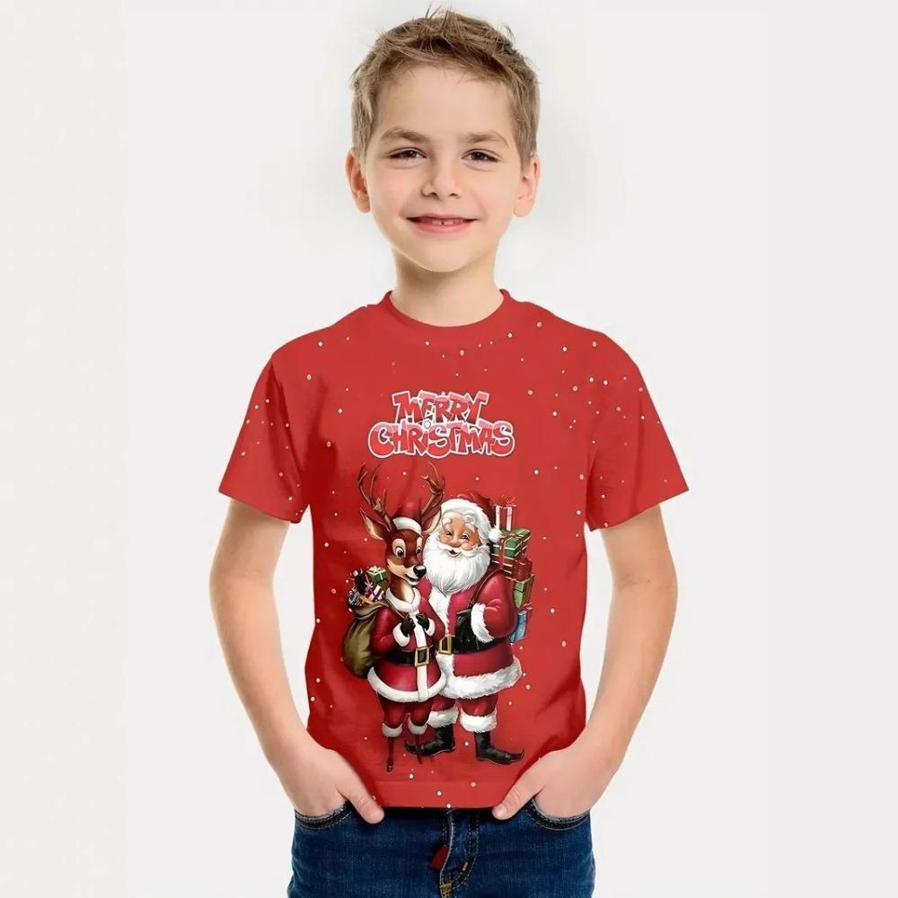 Fashionable Summer Children's T-shirt Colorful Christmas Collection Animals Printing Soft Comfortable Breathable Round Neck Short Sleeved T-shirt