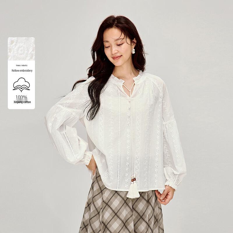 Женская хлопковая блузка INMAN с вышивкой, оборками и рукавами-фонариками L