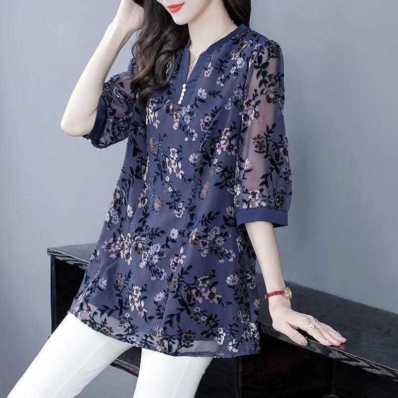 

Women Spring Summer Casual Plus Size Button V-Neck Shirt Vintage Elegant Printed Hollow Out Chiffon Blouse Female Clothing 5XL
