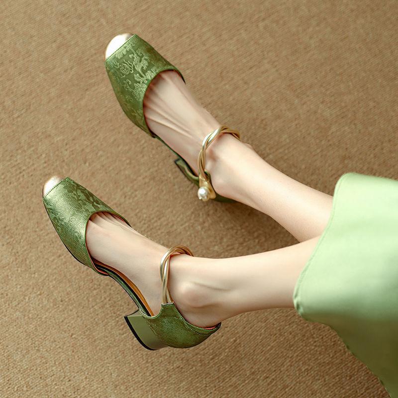 

Летняя женская обувь в китайском стиле с юбками, сандалии Баотоу, фея, верхняя одежда, полые одинарные туфли, женский средний каблук, толстый каблук 39 зелёный