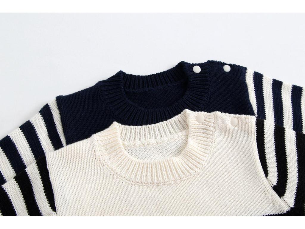 Frühling & Herbst Baby Baumwolle Knopf Strickpullover - Unisex Rundhals Streifen Oberteil