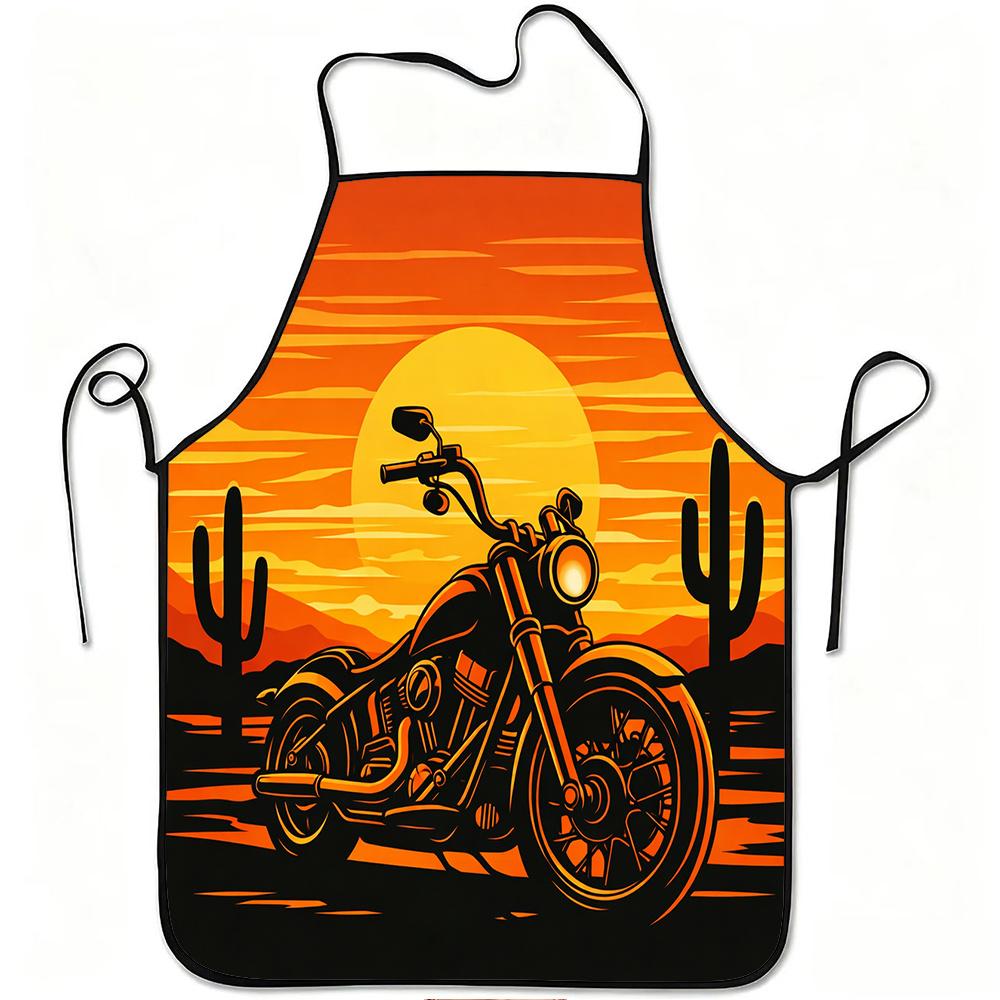 1pc Sunset Desert Motorcycle Print Apron, Durable and Easy to Clean, Adjustable Waistband, Polyester Material, for Kitchen Cooking, Gardening, Orchard