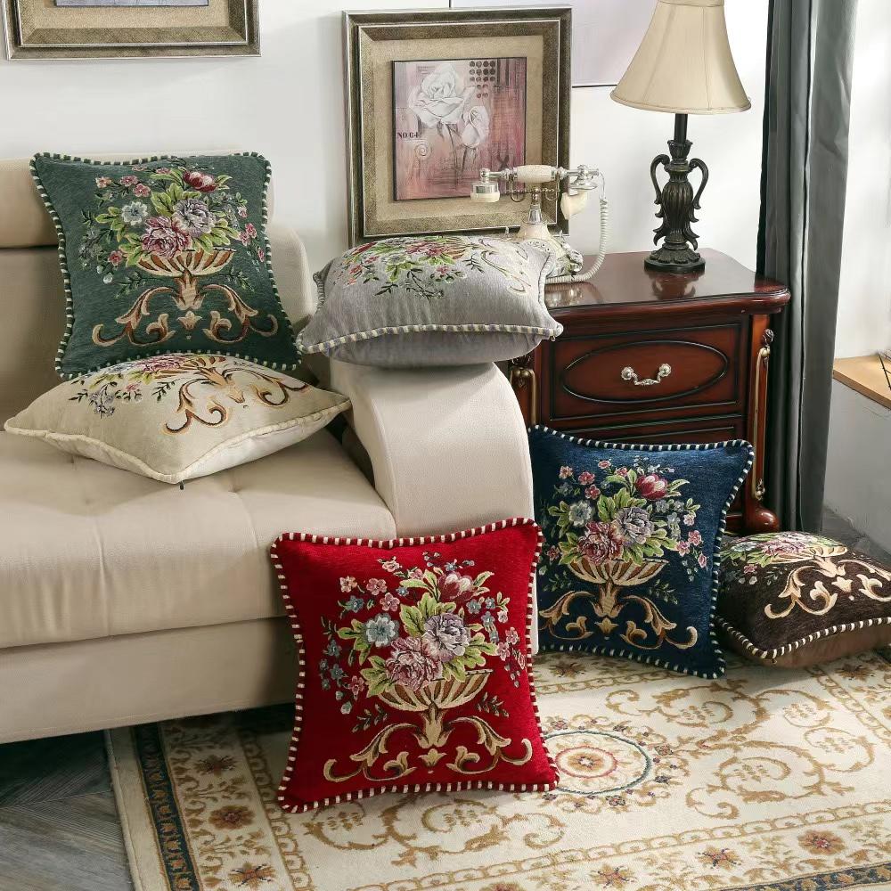 Flowers Embroidery Cushion Cover Embossed Pillowcases Jacquard Pillow Cover for Living Bedroom Home Decor 45x45cm