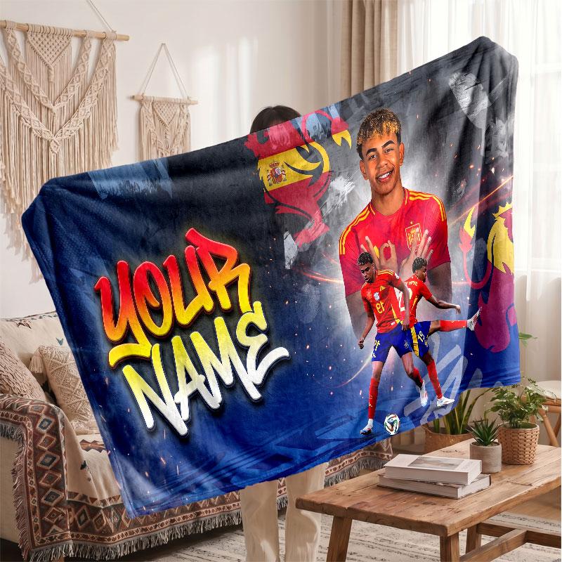 Coperta in pile personalizzata Lamine Yamal con logo del calcio, testo con nome personalizzato, morbida, calda, coperta da divano per la casa