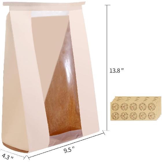 50 Pack Bakery Bags with Window, 13.8 x 9.4 Inch Large Paper Bread Bags for Homemade Bread, Tin Tie Tab Lock Brown Window Bag for Toast, Cookie,