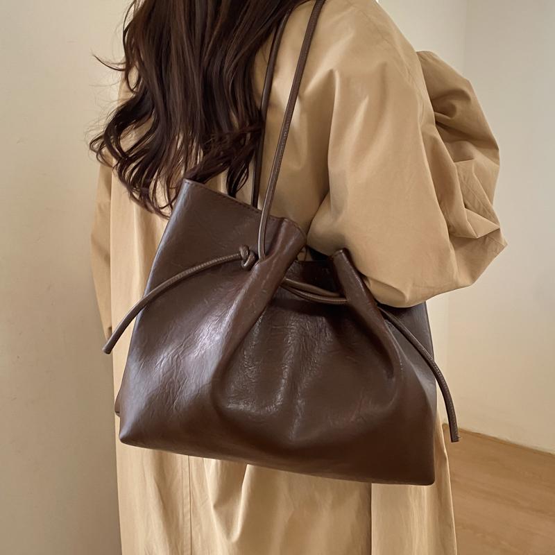 Soft PU Tote Bag with Drawstring Detail Large Capacity Everyday Fashi Shoulder Bag for Women