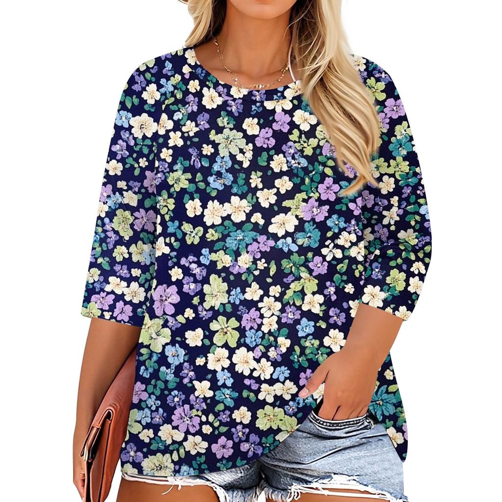 Women's Fashion Casual Print Round Neck 3/4 Sleeve T-Shirt Top