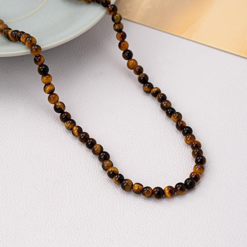 Copper Chain Necklace With Brown Tiger Eye Beads U-Shaped Clasp Vintage Boho Choker Women Men Winter