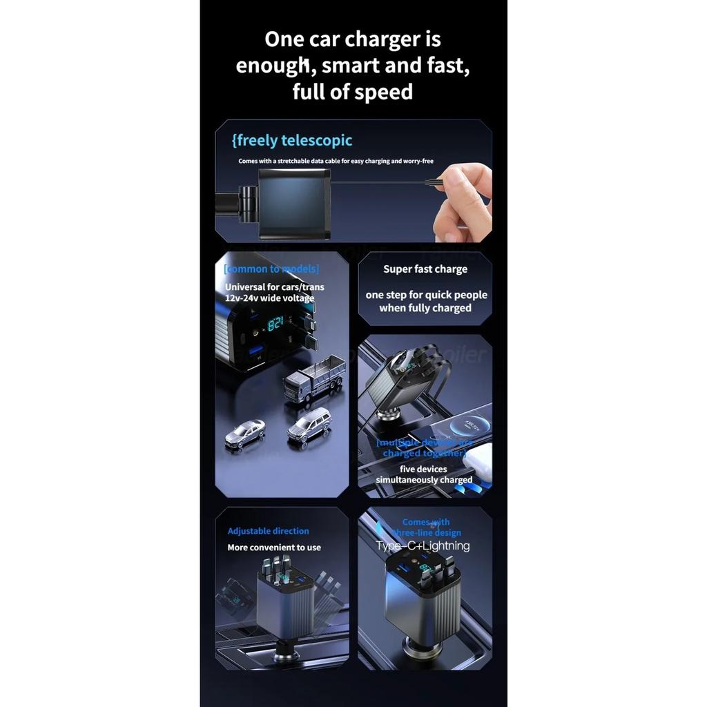 120W Retractable Car Charger Adapter, 5-in-1 Fast Charging USB C Starry Sky Phone Charger with 3 Retractable Cables,for IPhone