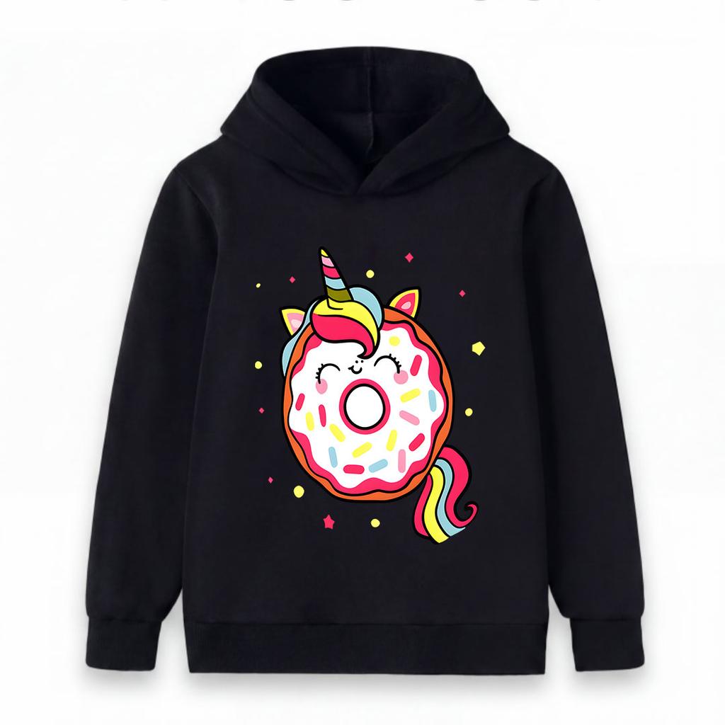 Kids Boys Girls Cute Unicorn Donut Print Pullover Hoodie Casual Long Sleeve Sweatshirt with Rainbow Sprinkles Cartoon Design for Children Daily Wear P