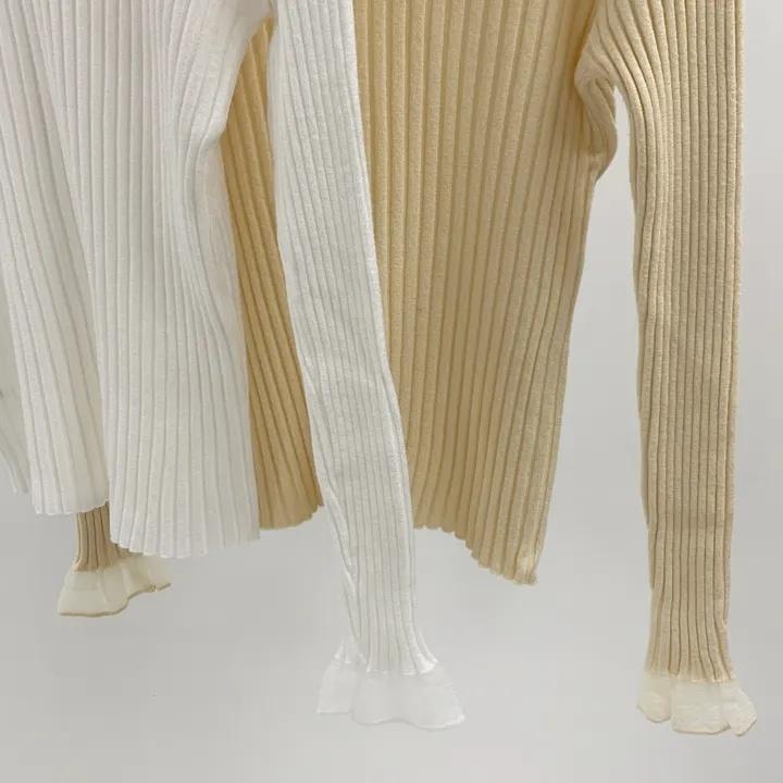 Chic Sheer Knit Top for Women – Long Sleeve, Half Neck, Ribbed Slim Fit, Office, Casual, Date Wear