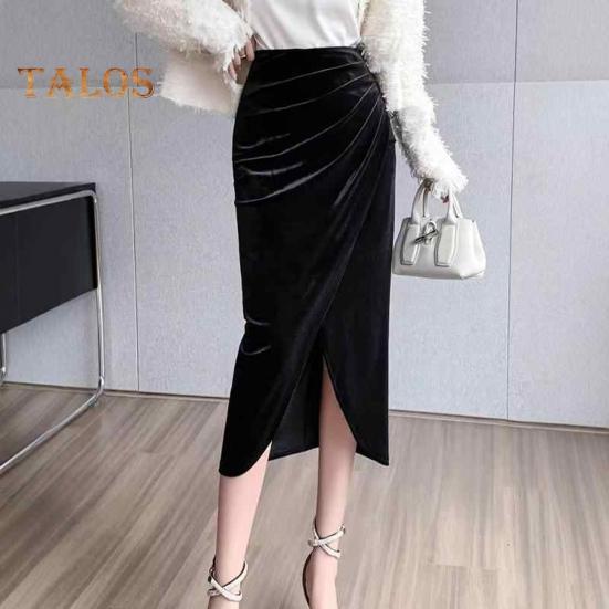 Women Midi Skirt High Waist Irregular Front Slit Design Golden Velvet Skirt Solid Color Design Leg-shaping Skirt