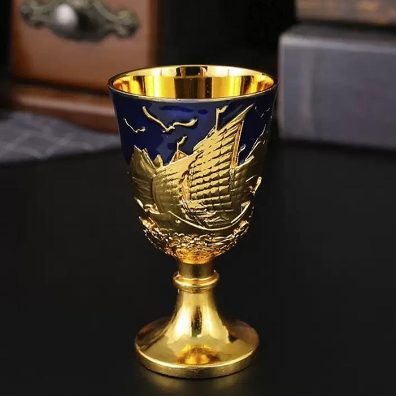 Holy Grail, Alloy Retro Relief Sailing Cup, European Portable Mini Vodka Glass, Creative Home Living Room Decoration Gift, 1pcs