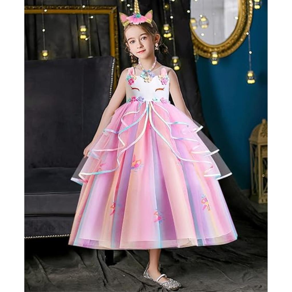 Kids Unicorn Dress with Headband, Jewelry & Accessories, Multicolor, 120 Cm, Ages 4-5
