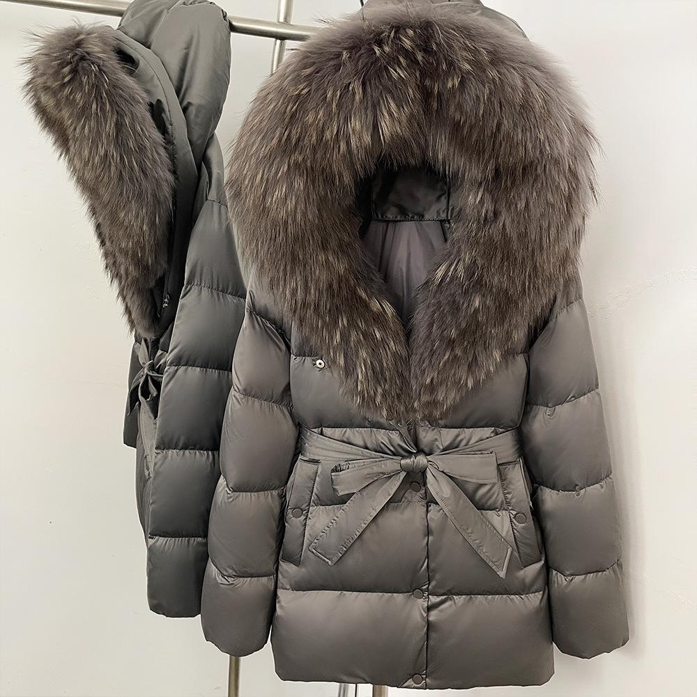 Herbst- und Winter-Locker geschnittene Schnür-Dicke Kapuzen-Daunenjacke Damen Retro Vielseitig Natürlicher Echter Fuchsfellkragen Jacke