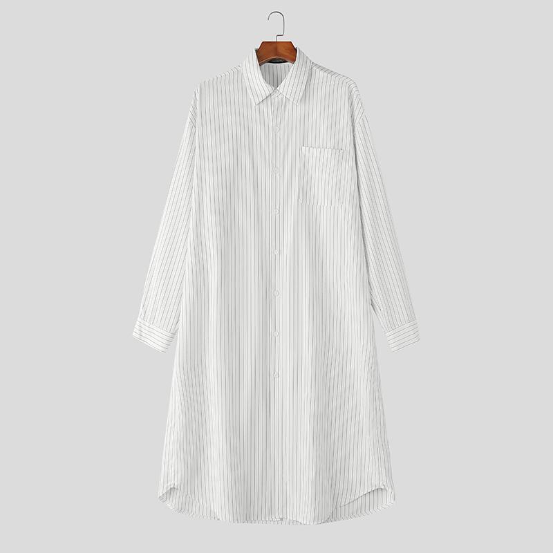 INCERUN Oversized Men Lapel Neck Long Sleeve Striped Loose Long Tunic Casual Shirts