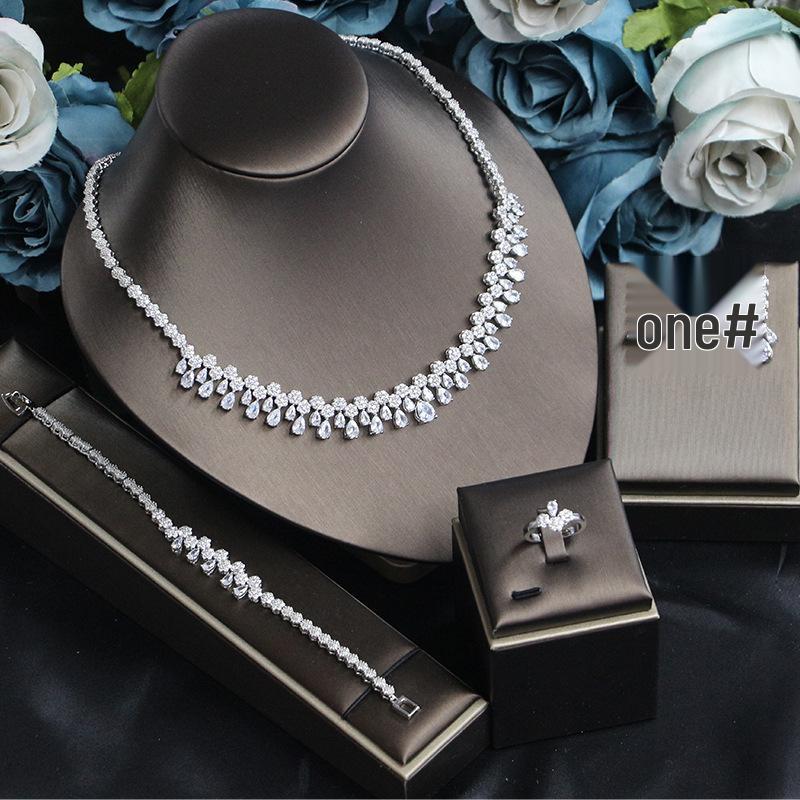 Korean Bridal Jewelry Set: Zircon Necklace, Earrings & Ring - Elegant Wedding Accessories