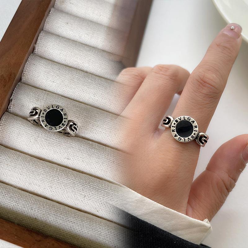 Black Drip Glaze Retro Thai Silver Jewelry Women's Non-fading High-end Open Ring