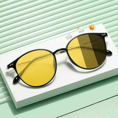 Niepolaryzowane Okulary Blokujące Niebieskie Światło do Jazdy Nocnej Unisex Oprawki TR Okulary Przeciwsłoneczne Męskie Damskie Okrągłe Ultralekkie Zmieniające Kolor Okulary