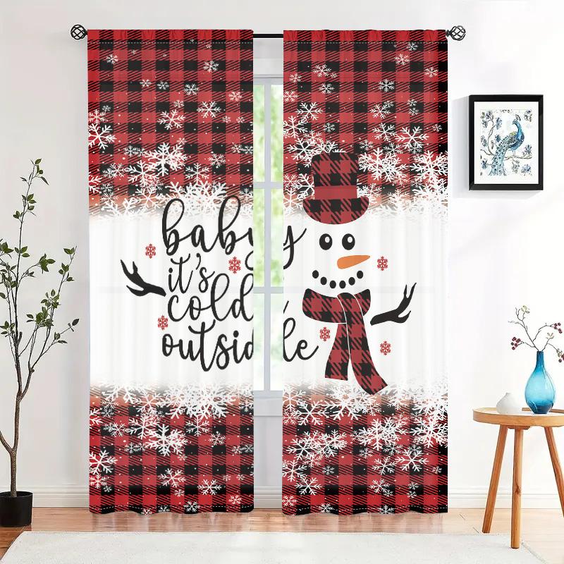 2 Pieces, Christmas Snowman Checkered Curtains -30% Blackout - Suitable for Living Room, Bedroom, Kitchen, Home Decoration