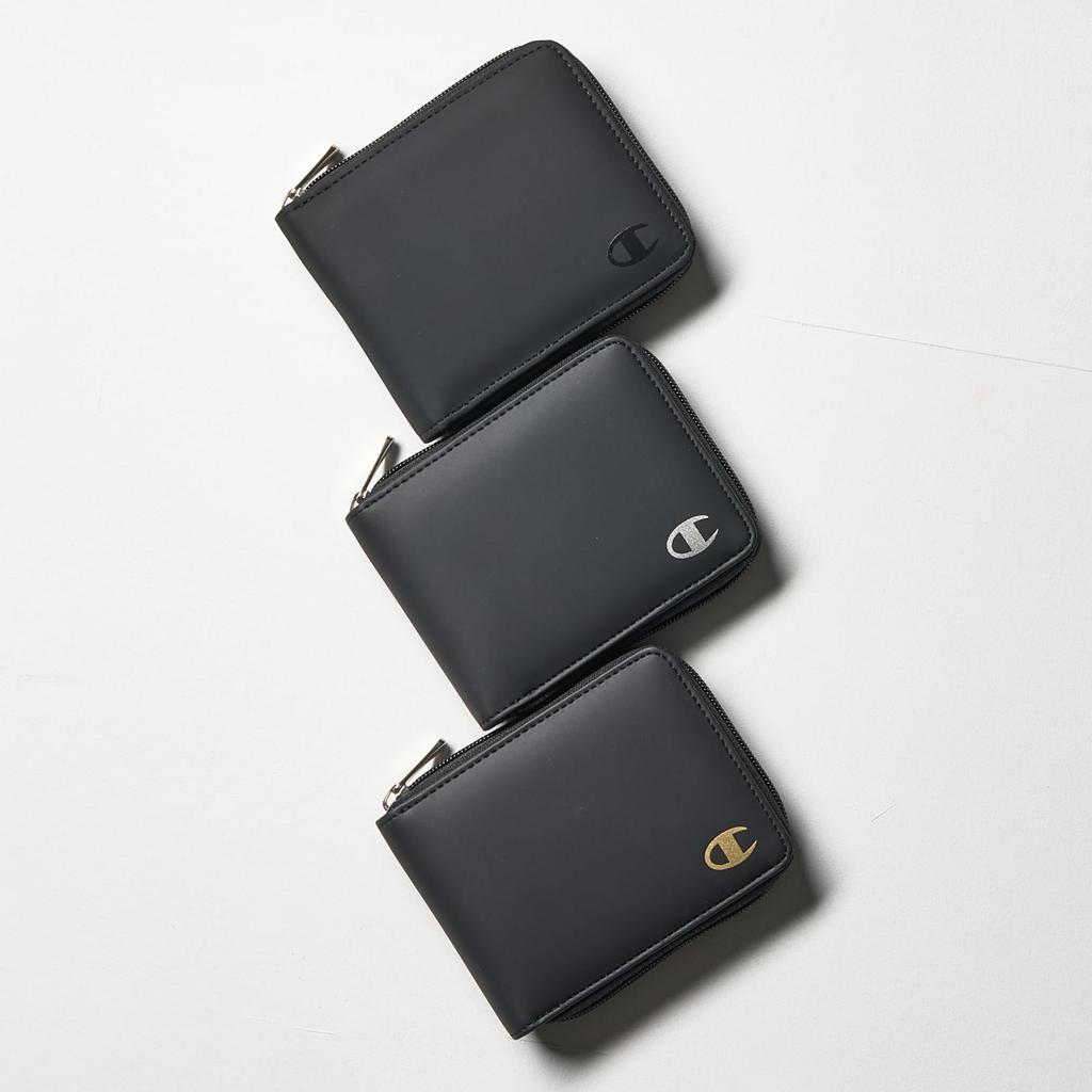 Champion Round Zipper Bifold Wallet with Coin Black Purse, Logo,
