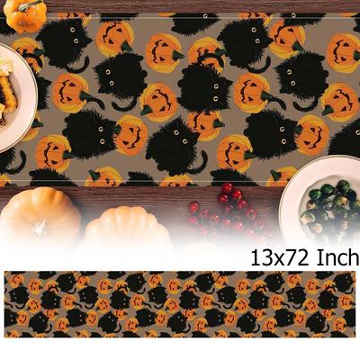 Halloween Table Runner Black Cat Pumpkins Seasonal Kitchen Dining Table Cloth