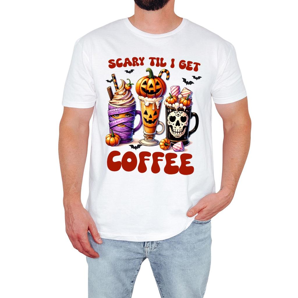 Scary Til I Get Coffee Mens T-Shirt Funny Halloween Retro Pumpkin Gift