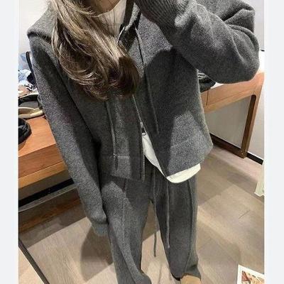2023 Early Autumn Women's Lazy Style Hooded Two-Piece Sweater Suit - High Waist Knitted Jacket with Split Casual Pants.