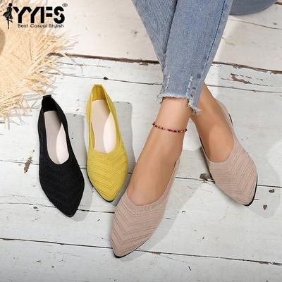 Women Pointed Toe Flat Shoes Solid Color Knit Slip-On Casual Breathable Flat Shoes Women Flat Loafers Comfortable Ladies Shoes