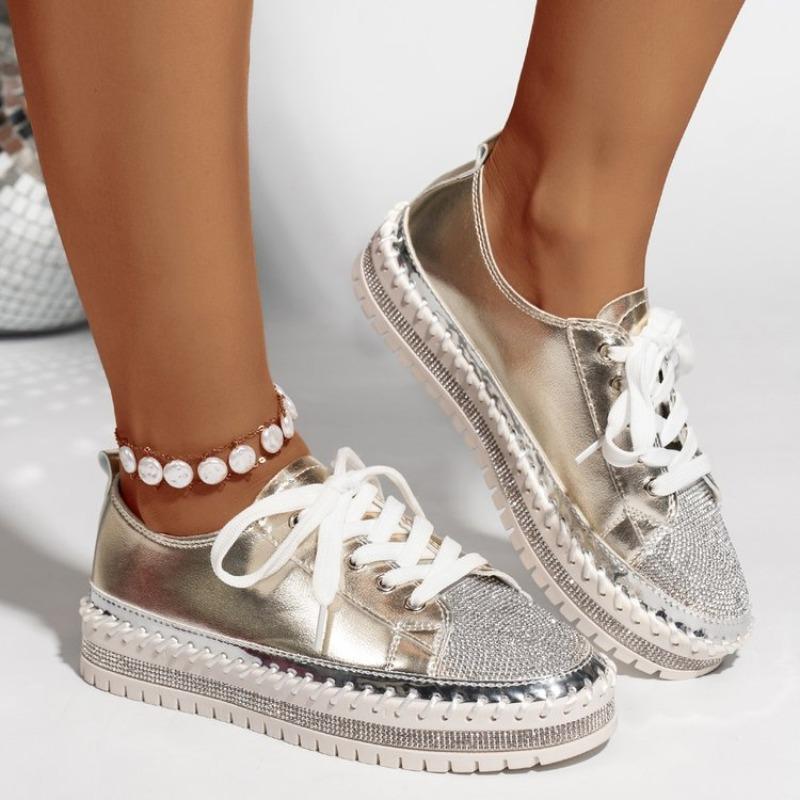 Fashion Fashion Car Stitch Colorblock Platform Single Shoes Fall New Round Toe Crystal Front Lace-Up Flat Sneakers