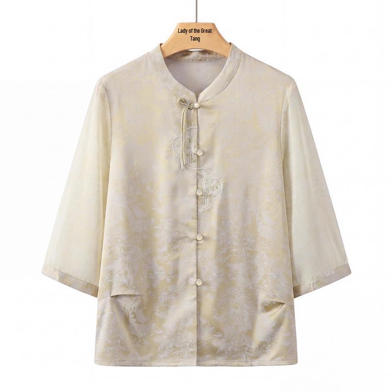 Datang Furen New Chinese Style Summer Disc Button Blouse for Middle-Aged Women XXL