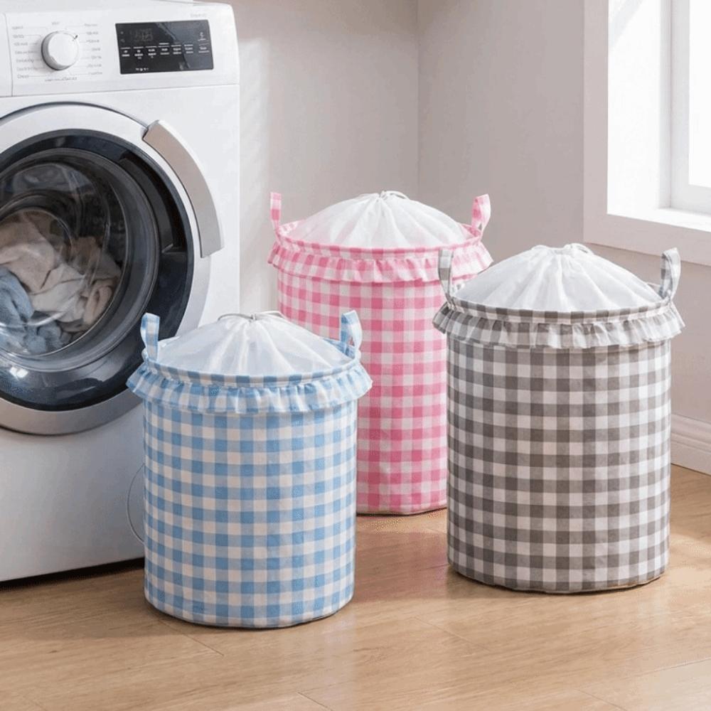Large Capacity Ruffled Edge Laundry Basket Folding Space Saving Drawstring Storage Basket Dust-proof with Handle Toys Organizers