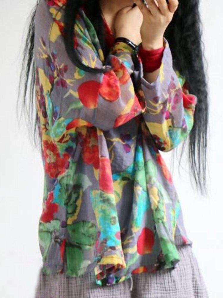 Vintage Floral Print Linen Tshirt Women Long Sleeve Loose Casual Summer Thin Tshirts Comfortable Fashion Top