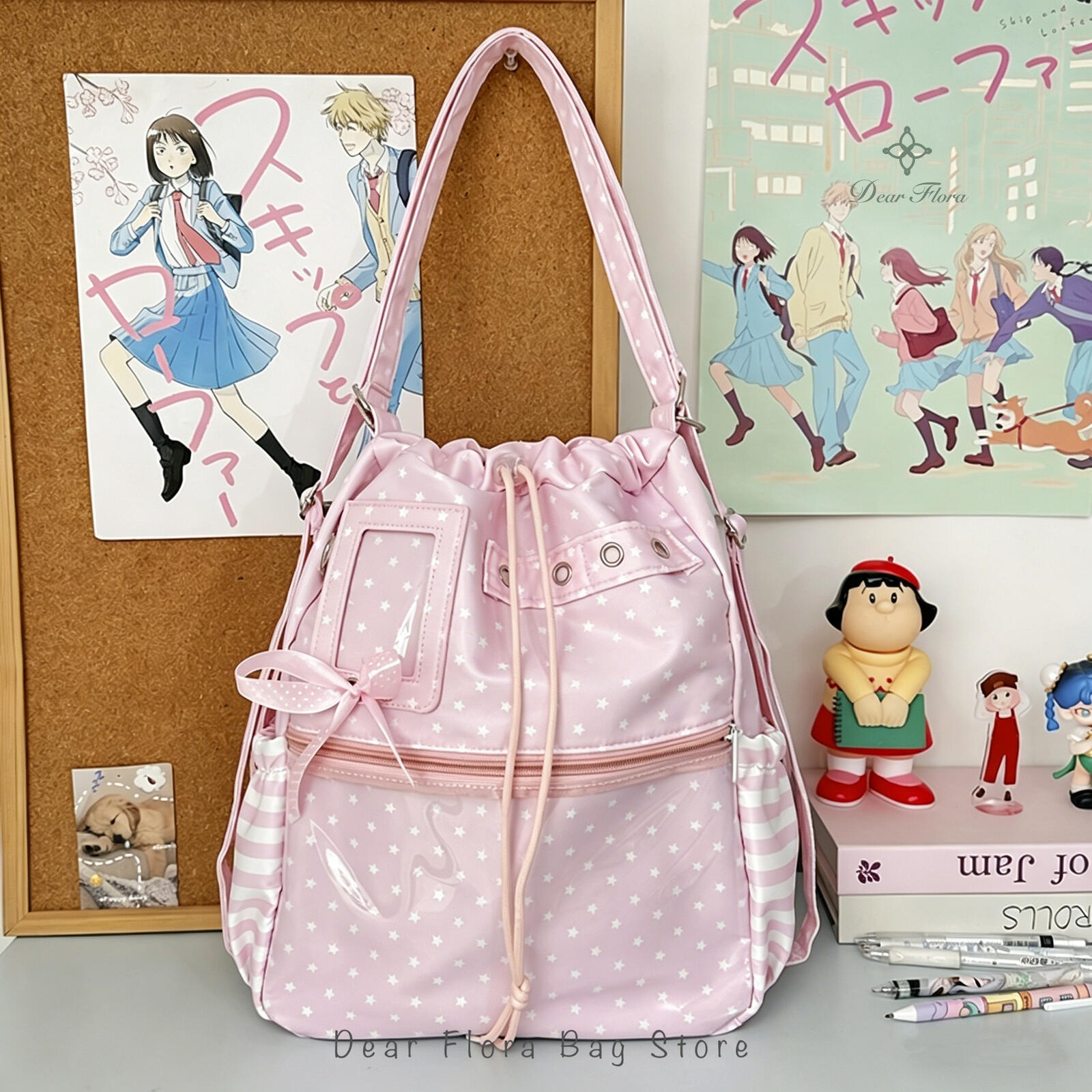

New Y2K Polka Dot Drawstring Ita Backpack Cute Girl Transparent Knapsack Large Capacity DIY Dolls Display Crossbody Shoulder Bag 35x26x13cm рожевий
