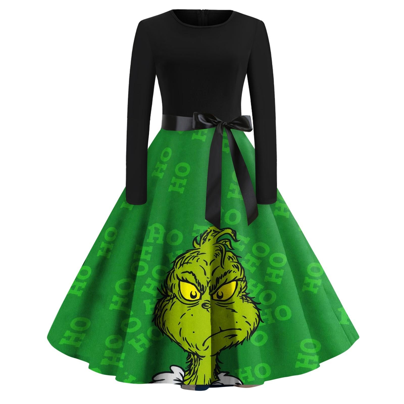 

Женское модное повседневное платье с круглым вырезом и рождественским принтом и длинными рукавами M